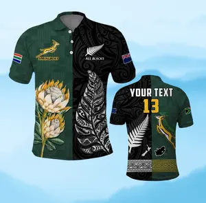 (Custom Name & Number) South Africa Protea vs New Zealand Fern Rugby Polo Shirt, Personalized Fan Apparel, Rugby Supporter Gift.