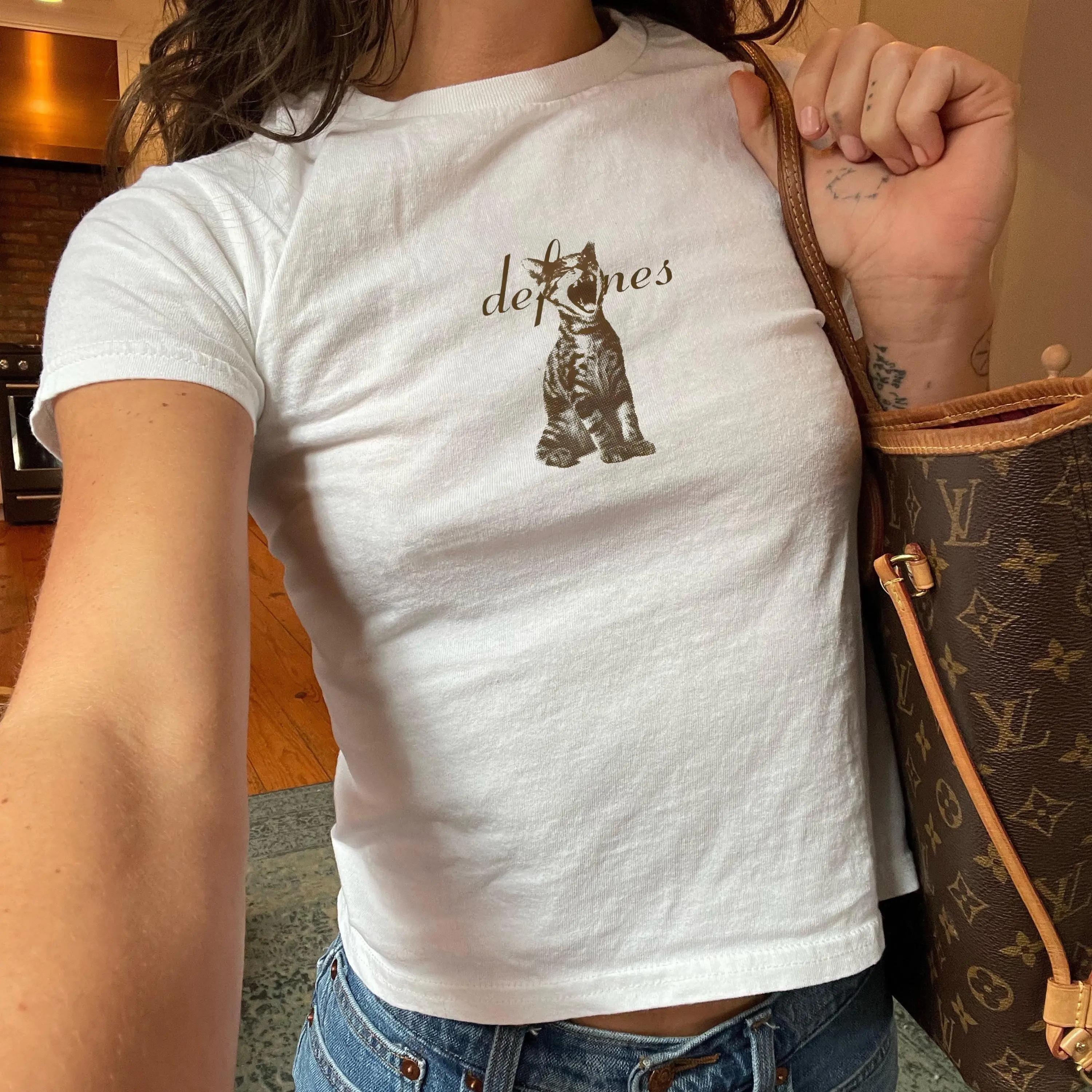 Deftones Cat Graphic Baby Tee, Vintage Band Style Slim Fit T-Shirt, Y2K Aesthetic Top, Unisex Streetwear Shirt, Music Fan Tee