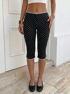 2026 New Coquette Y2K Polka Dot Lace Trim High Waist Slim Fit Capri Leggings Women, Soft Stretch Comfort Fabric Side Slit Casual Streetwear Summer Daily Workout Lounge Pants Trendy Aesthetic Outfits, Perfect for Spring, Summer & Vacation Wear