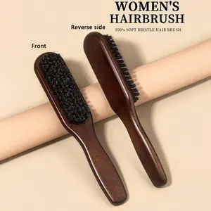Boar Bristle Slick Back Hair Brush, Premium Hair Brush, Soft Medium Smoothing Hairbrush, Styling Polish Lay Hair Down, Frizz Free Hairstyle, Wooden Handle