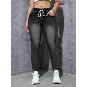 High Waisted Elastic Waist Jean Joggers for Women Stretch Loose Denim Pants with Drawstring Length Casual Style Women's ripped jeans elastic belt high-elasticity skinny skinny pants versatile for cycling and fitness