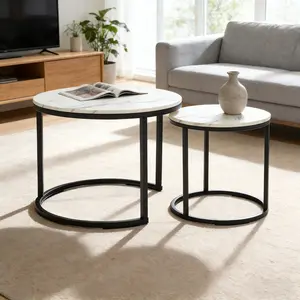 Set of 2 Nesting Coffee Tables Round, White and Gray Marble Pattern Top with Black Frame, Modern Living Room Side Tables for Apartment and Bedroom