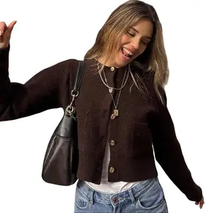 Knit Button Front Long Sleeve Crop Cardigan for Women's 2025 Fall Winter New Slim Fit Solid Color Daily Elegant Sexy Versatile Layering Piece Casual Outwear