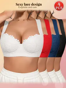 4PCS Women's Underwear Solid Color Elegant Chic Push-Up Bra with Lace Detailing, Underwire Support & Lift,Cover Side Breasts Adjustable Wide Straps, Breathable & Skin-Friendly,Daily Comfortable Wear Womenswear