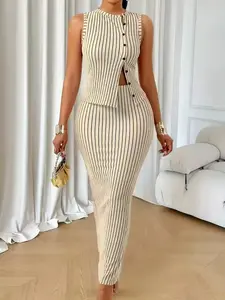 Women's Summer Commuter Set, Striped Sleeveless Vest Top & Slim Fit Skirt Two-Piece, Elegant Casual Wear for Everyday Use Womenswear