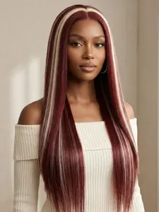 13*4 red highlights straight hair fashion high-definition lace wig, no glue, pre-pulled hairline, freely sewn, time-saving, heat-resistant fiber, natural, comfortable and breathable wearing process, 28-inch long style, versatile for daily use