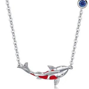 Presentski Women's Necklace Koi Carp Chain 925 Sterling Silver Lucky Red Fish Pendant Necklace Ocean Animal Fashion Jewellery for Women Girls Daughter, Sterling Silver, Cubic Zirconia