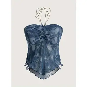 Hippie Mermaid Tie-Dye Ruched Halter Top, Off-Shoulder Neckline, High Elasticity Polyester and Spandex Blend, Machine Washable