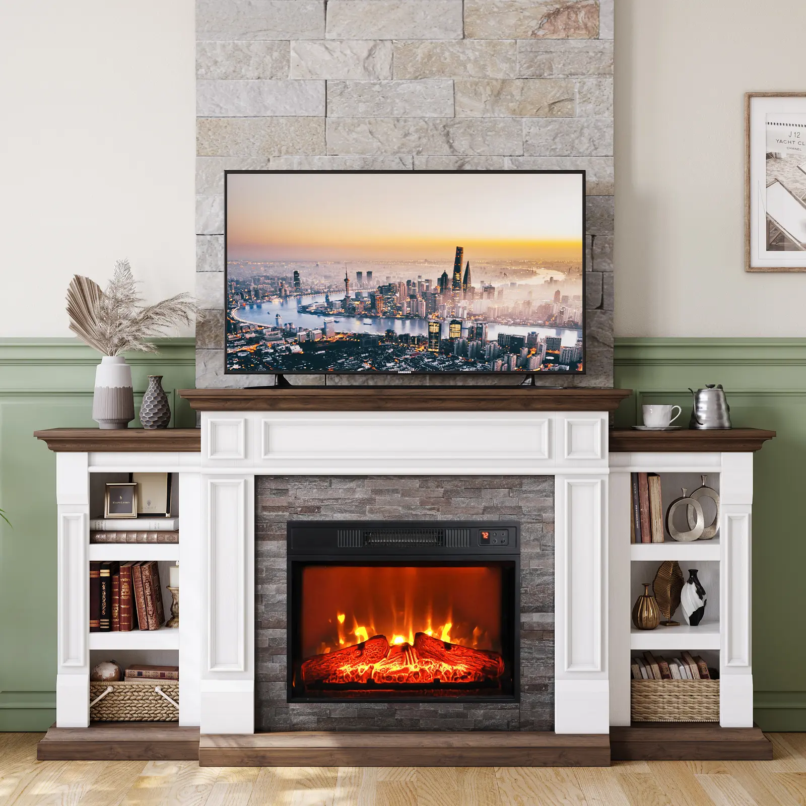 【2 Packages shipped] LGHM 70" Electric Fireplace TV Stand for TVs Up to 80", Farmhouse Fireplace Mantel with Storage Cabinets, Entertainment Center with Realistic 3D Flame Heater for Living Room & Bedroom, White&brown