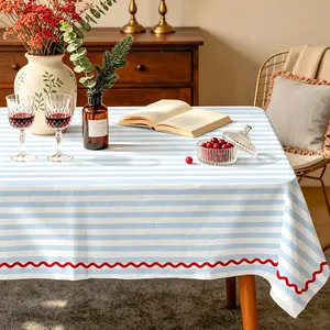 FYSUIMU Blue White Striped Tablecloth with Red Wavy Edge 60 x 104 Inch Rectangle Table Cover Fabric Table Cloth for Kitchen Dining Party Wedding Holiday Home Decor