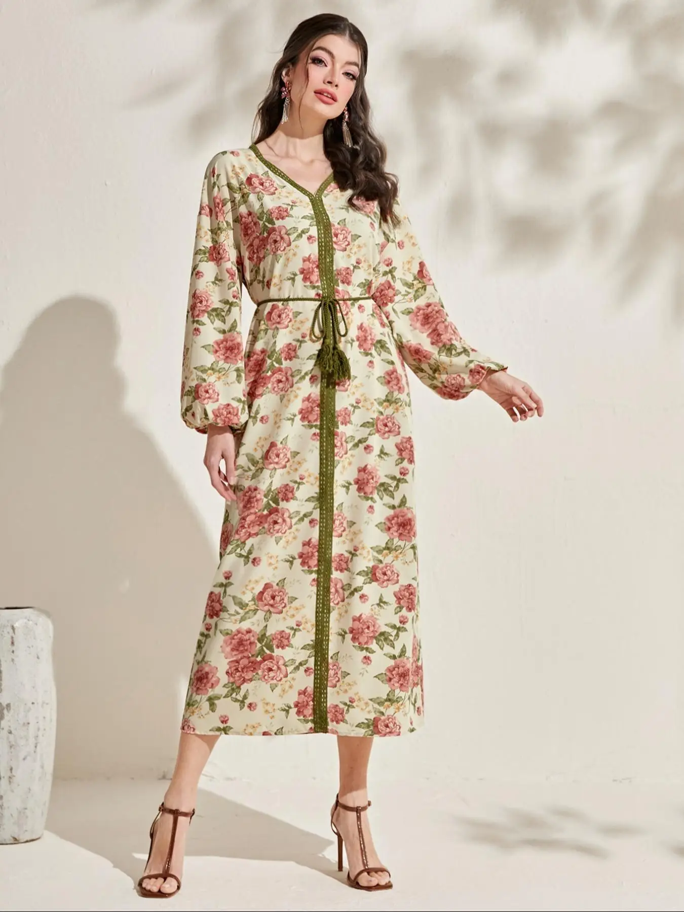 Women's Floral Print Belted Long Sleeve Dress, Modest Casual Long Dress for Daily Wear, Ladies Islamic Clothing for All Seasons