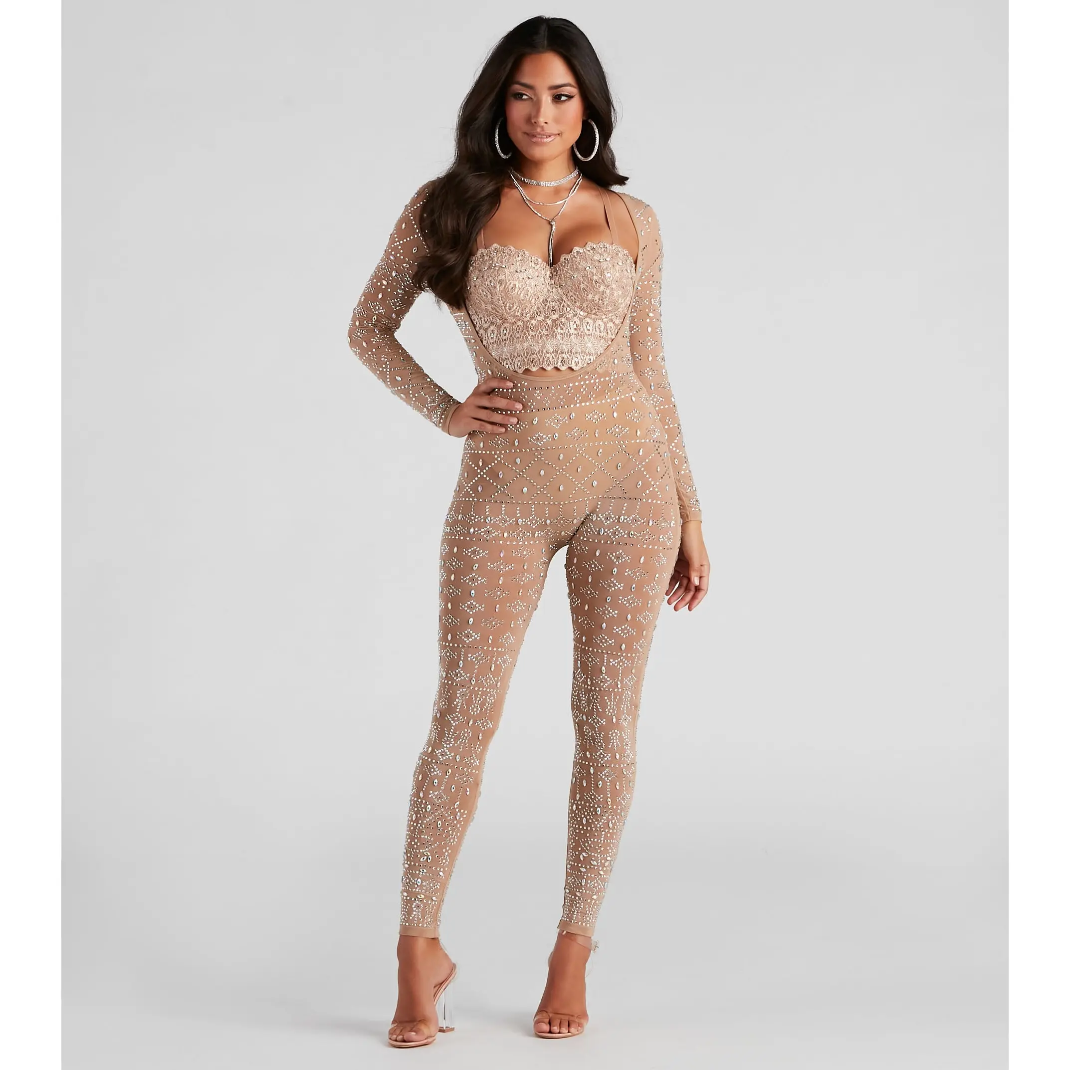 Iridescent Sparkle Rhinestone-Embellished Sheer Catsuit