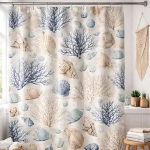Coastal Coral & Seashell Shower Curtain, Beach House Bathroom Decor, Ocean-Inspired Nautical Bath Curtain
