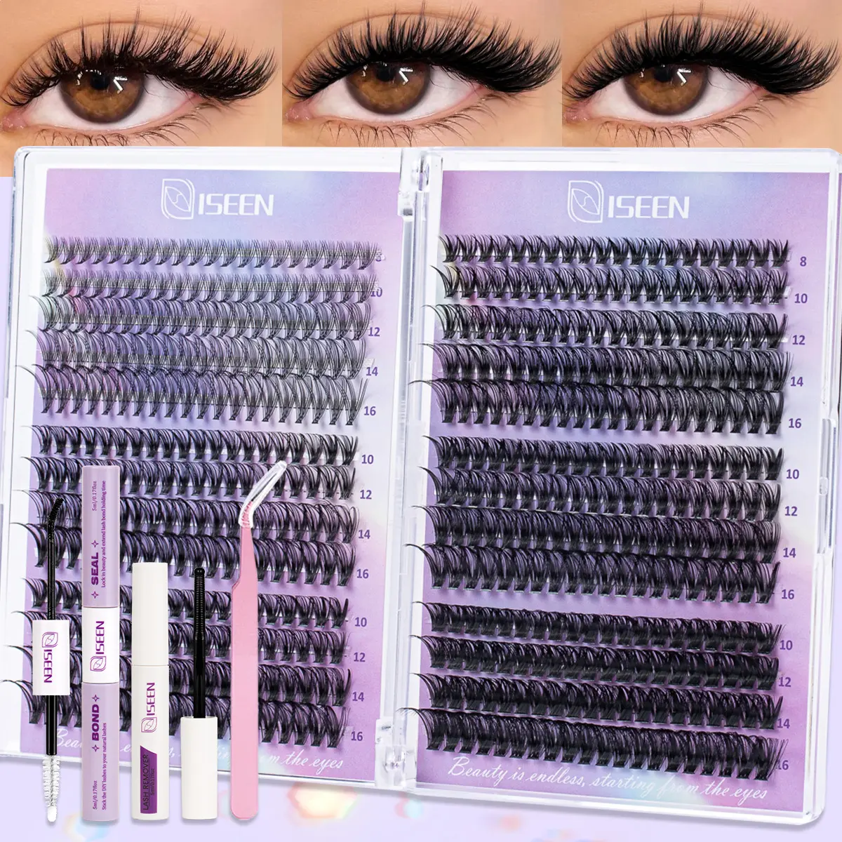 Mix Length DIY Cluster Eyelash Extensions Synthetic Kit, 8-16mm Curled Lashes, Includes Glue & Remover Tweezers, Home Use Makeup Set, Eyelash Clusters
