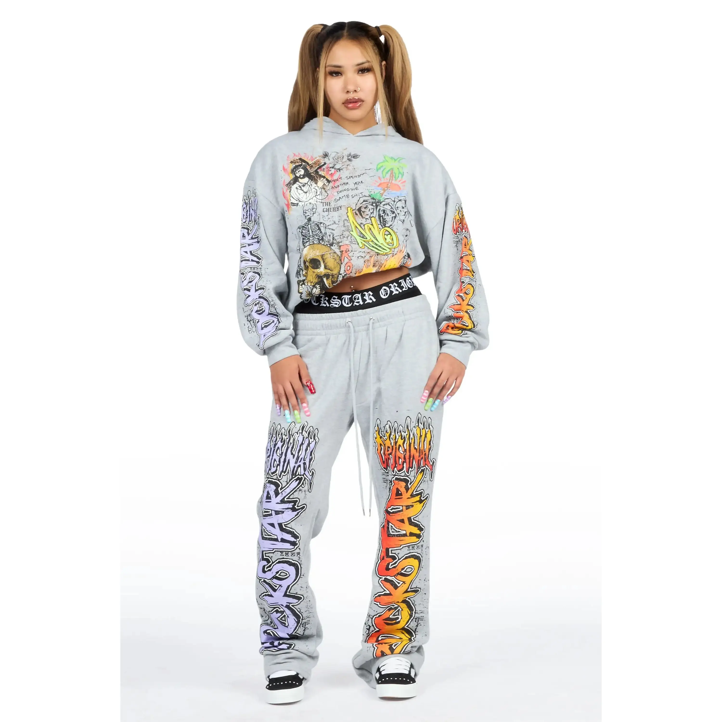 Luxoré Heather Grey Graphic Baggy Fit Track Set