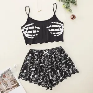 Halloween Women's Pajama Set Skeleton Print Camisole Shorts Pyjama Female Sexy Sleevless Crop Elastic Sleepwear Loungwear 2psc