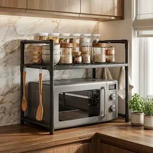 New Multi-Functional Single-Tier Microwave Rack, Simple Design, 4 Detachable Strong Hooks, Durable, Space-Saving, Easy Installation