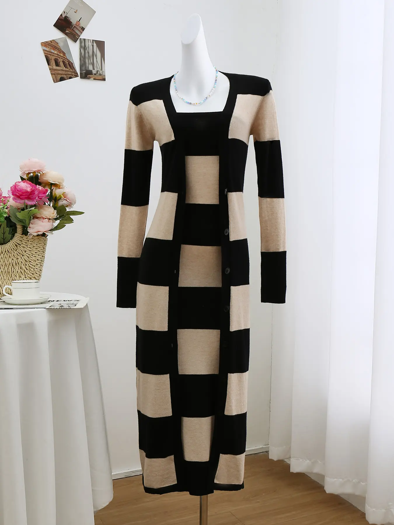 Elegant and Stripe Long Cardigan Set, Sexy Spring Summer Knitted Dress with  Sweetheart Neckline, Versatile Two-Piece for Women Back to School fall women  clothes autumn streetwear - TikTok Shop