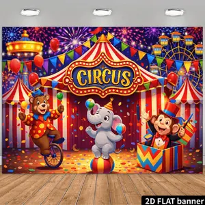 2D Flat Banner Polyester Photography Backdrop, HD Digitally Printed Colorful Circus Theme Carnival Background with Cartoon Animals, Fireworks, and Tent, Soft Lightweight Foldable Machine Washable for Birthday Party, Event Decor, P