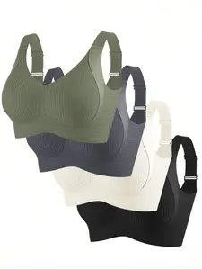 Women's Solid Wireless Bras, Soft & Breathable Design with Medium Support and Non-Removable Pads, Lingerie for Daily Wear, 4-Pack Set