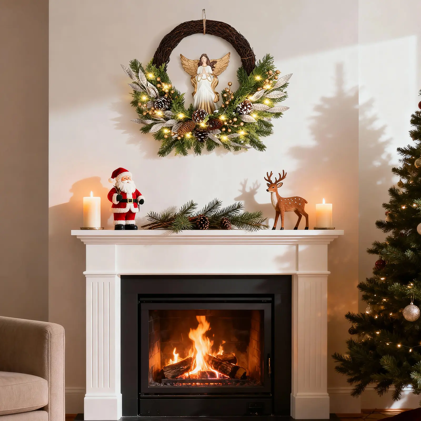 Optimized title (90 chars):   24" Christmas Wreath for Front Door, Outdoor Holiday Decor with Angel & Pinecones   Key elements kept:   - Size (24 inch)   - Product type (Christmas wreath)   - Key placements (front door, outdoor)   - Unique features (