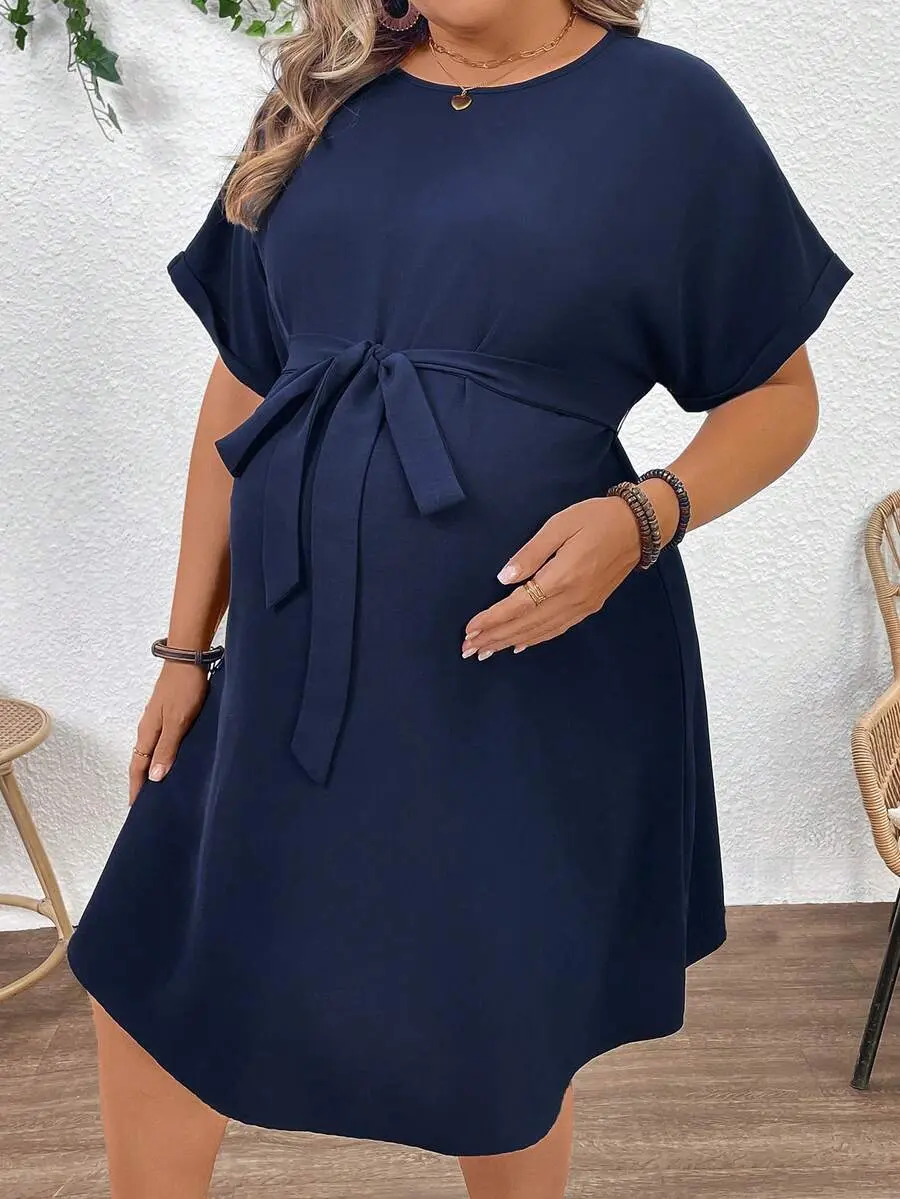 Plus Size Maternity Dress - Round Neck Batwing Short Sleeve with Belted Waist for Summer Brunch
