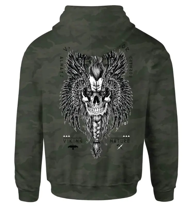 Howitzer Men's 2000s Aesthetic Alternative Style Viking Crow Graphic Zip-Up Hoodie - Longsleeves Cotton Blend Soft Fleece Top, Premium Fit Casual Pullover Hoodie with Hand-Drawn Artwork, Viking Gothic Fashion Mens Top, Drawing
