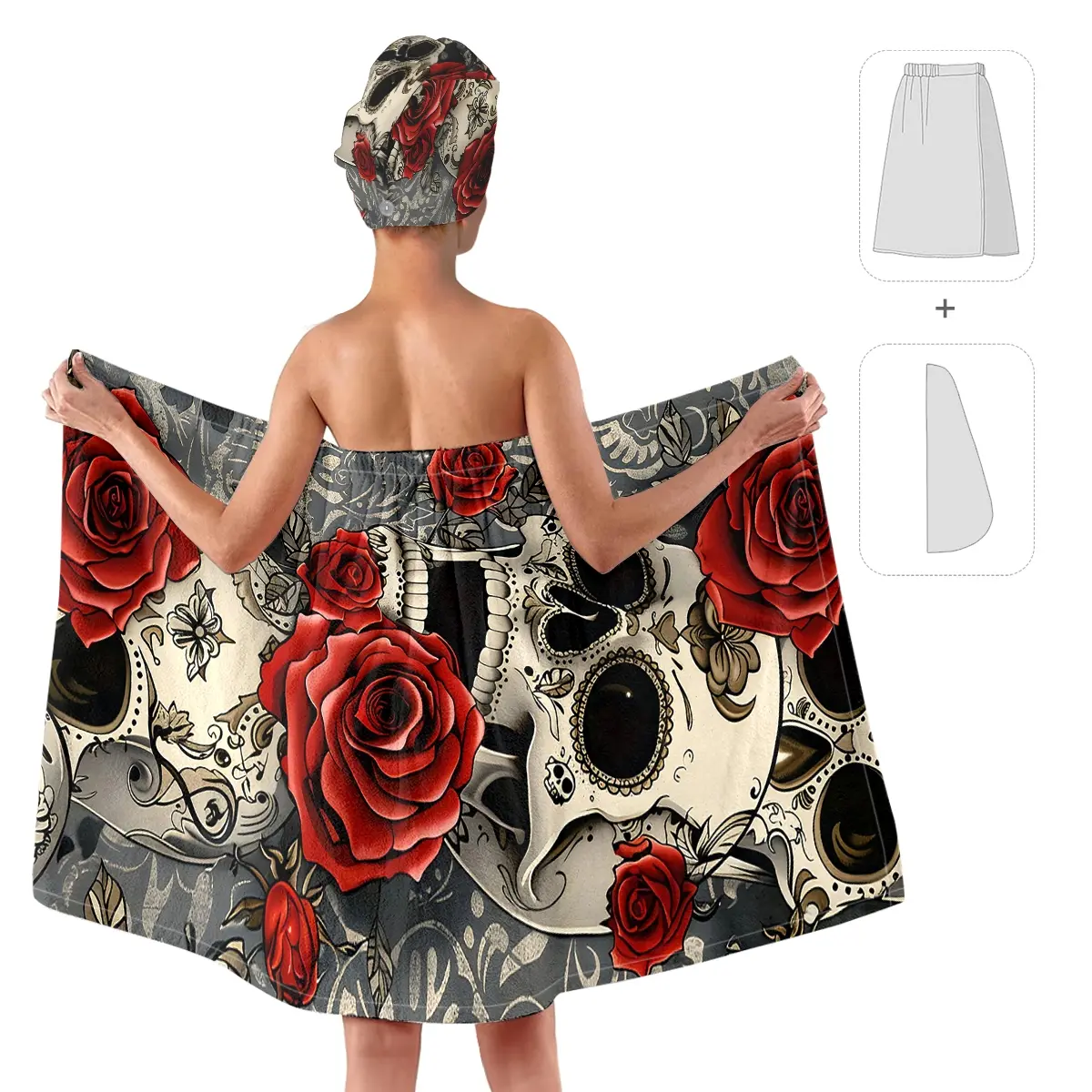 Skull and Red Rose Print Bath Wrap with Hair Towel Set, Bath Cloths, Absorbent Thickened Towels, Day of the Dead Themed Shower Skirt & Head Wrap, Perfect for Halloween and Festive Gothic Self-Care