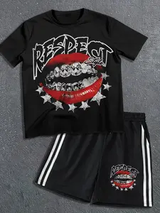 Men's Casual Hip-Hop Diamond Lip Sportswear Set, Side Stripe Design, Loose-Fitting Short Sleeve Tee, Summer Running