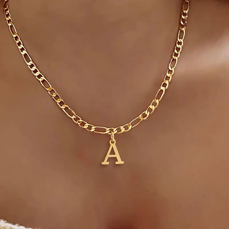 Stainless Steel Initial Pendant Necklace, Cuban Link Chain, Simple Letter Design Pendant Necklace for Women for Gift, Letters Necklace, Alphabet Letter Necklace