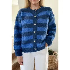 Stevie Brushed Striped Button-Up Cardigan Navy & Blue Soft Cozy Oversized Fit for Chilly Weather Round Neckline Button-Down Closure