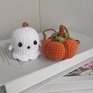 Crochet Ghost & Pumpkin Rear View Mirror Hanging Car Charm Handmade Cute Halloween Fall Spooky Season Ornament Amigurumi