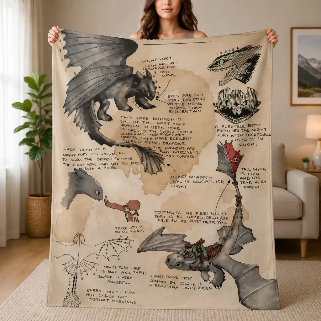 Toothless Night Fury Anatomy Sketch Flannel Blanket, Vintage Field Guide Throw for HTTYD Fans