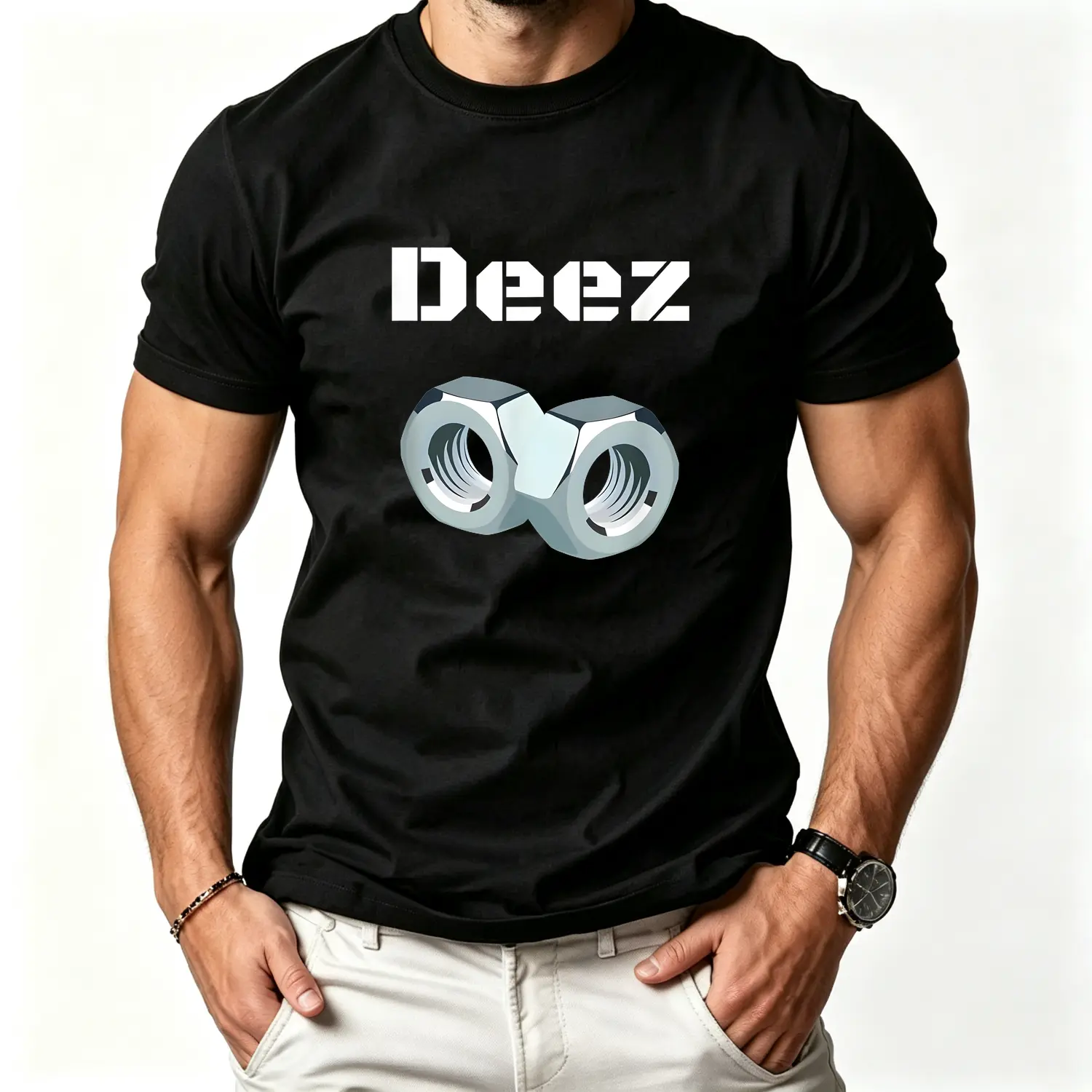 Summer t Shirts 100% Cotton Funny "Deez Nuts" Graphic T-Shirt, Men's Casual Crew Neck Short Sleeve Tee with Geometric Design