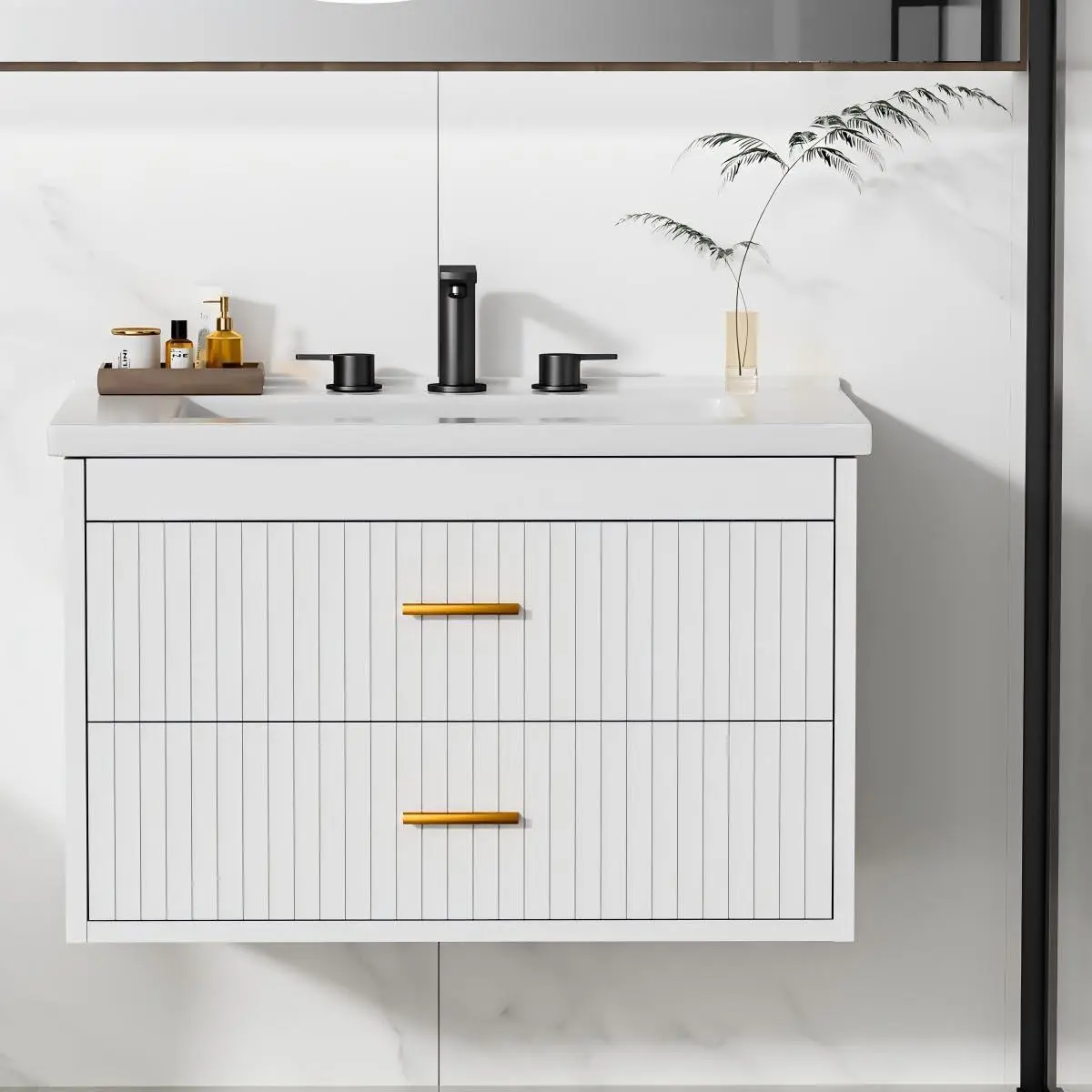 24in Floating Fluted Bathroom Vanity with Ceramic Sink, 2 Soft-Close Drawers & Gold Handles, White