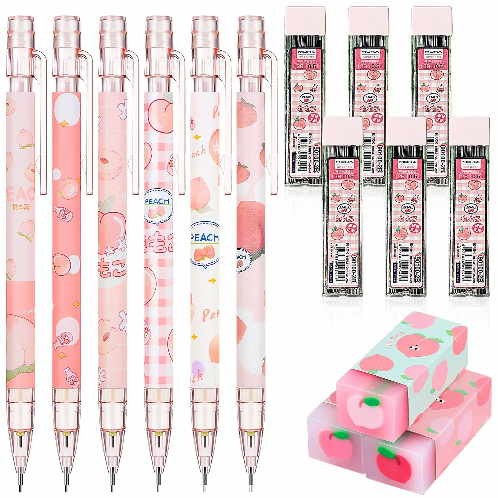 Best Selling 2024 School School Supplies Mechanical Pencil Set Includes Peach Color Mechanical Pencil with Tube, 0.5mm Lead and Cute Peach Color Eraser First Day of School Supplies Back to School Gifts for Kids Students (15 Pieces)
