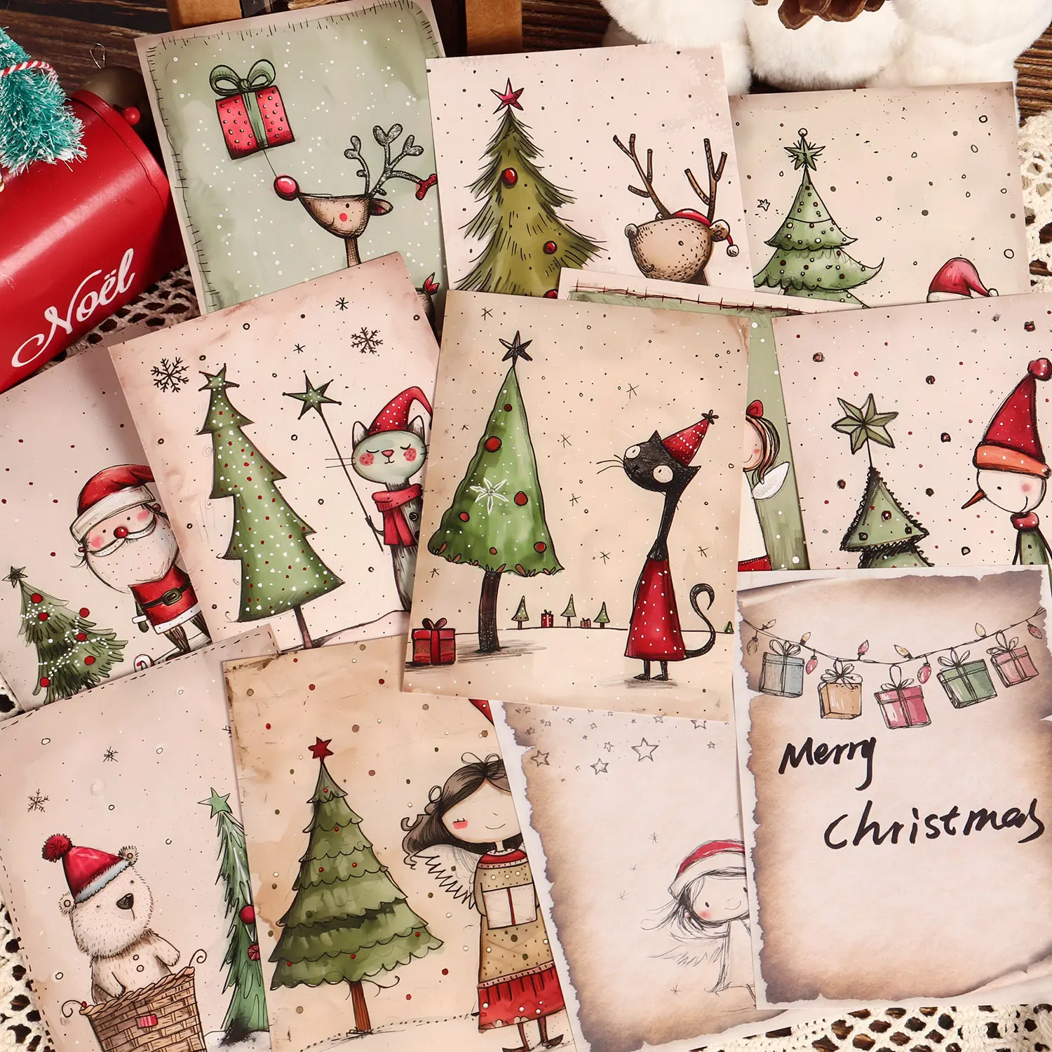 JAIIMAN 16cards, 16letter papers, 20stickers, 2envelopes Funny Christmas Animals DIY Writable Postcards, for Junk Journal Paper, Collectible Decorative Painting Cards, Scrapbooking Supplies, Scrapbook Page, Crafts, DIY Card Set