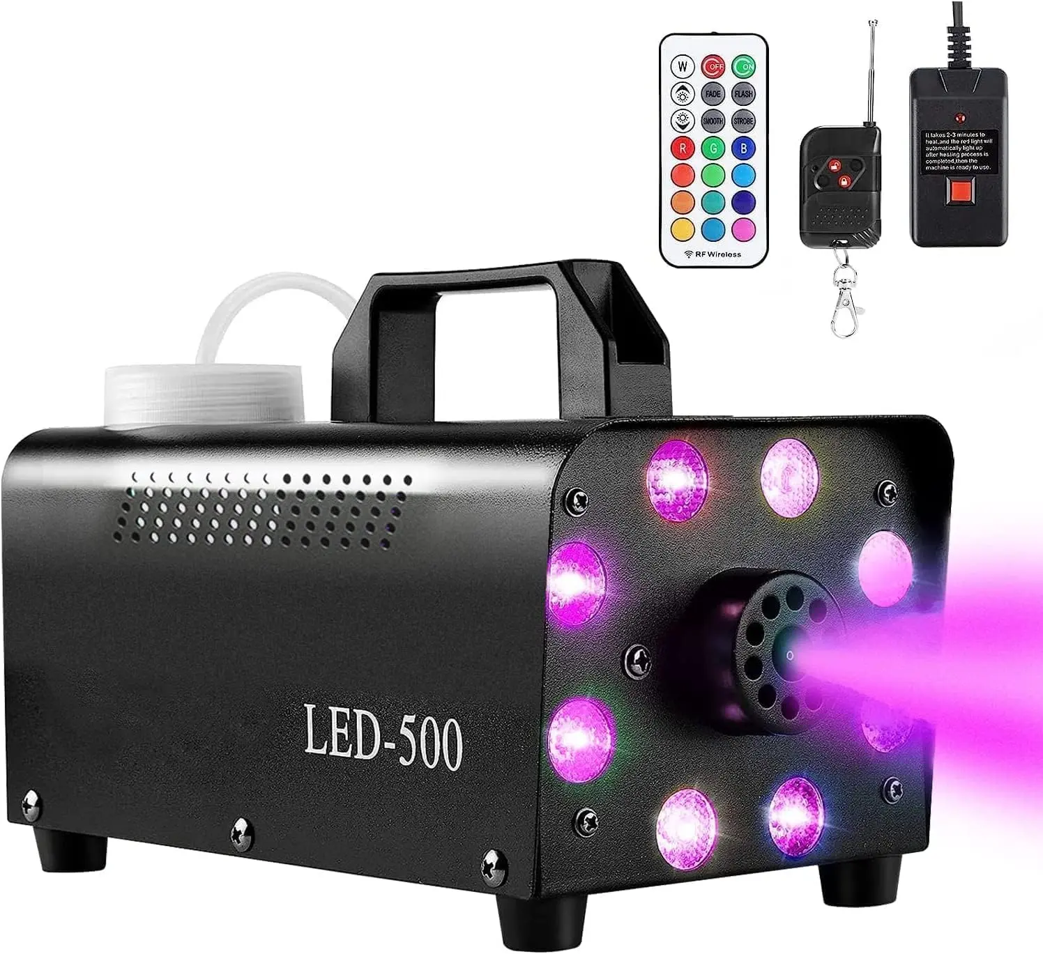 500W Remote Control Fog Machine with 8 LED Lights & 13 Color Effects, 2000CFM Fog Output, Indoor Use for Halloween, Parties, Stage Effects, 500W Power