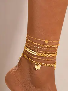 7-piece Butterfly & Heart Pendant Anklets, Dainty layered anklet, Fairy Style, 3D Flexible Pendants, Thin Comfortable Chains, For Daily Shopping, Beach Vacations, Suitable for Young Girls Loving Accessories, Jewelry Gift