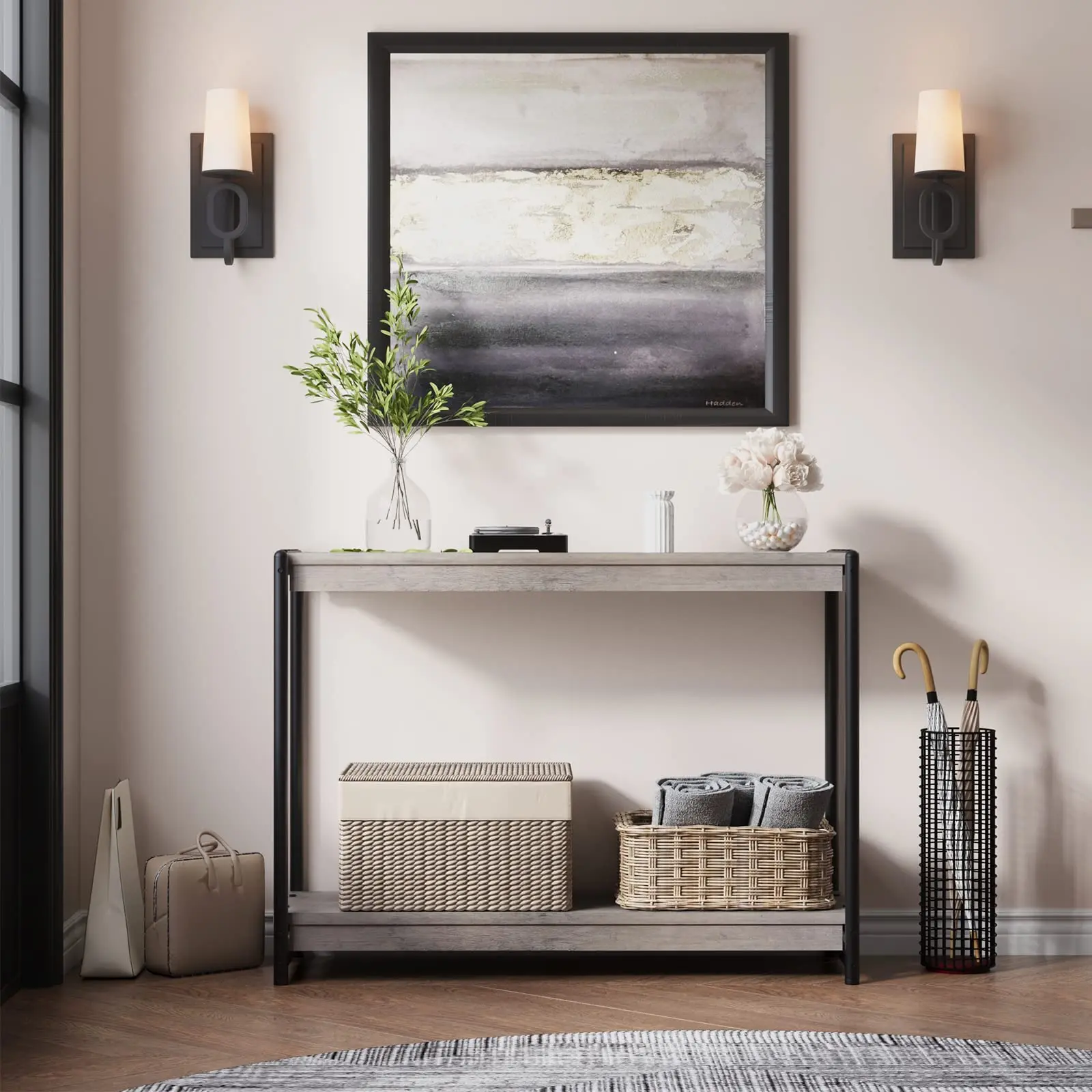 【GARVEE】40" Farmhouse Console Table with Slatted Design, 2-Tier Storage Shelf, MDF and Metal Frame, Rustic Grey Finish, Perfect for Entryway, Living Room, Hallway, Easy to Assemble