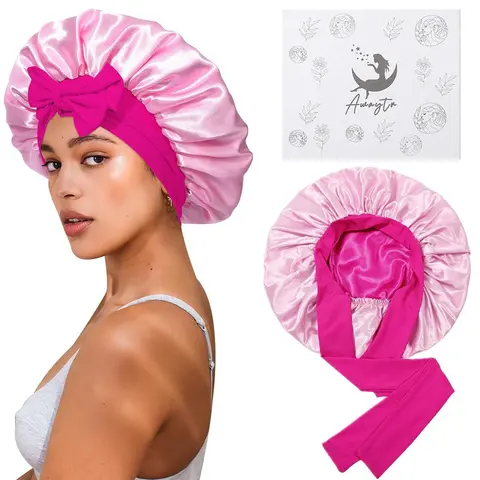 AWAYTR Women's Satin Hair Bonnet - Haircare, Heatless, Moisturizing, Breathable Sleeping Cap for Curly Wavy Hair, Elastic Band Tie, 2-Color Reversible Double Layer Silk-Like Texture, Gift Box-Included for Adults, Casual Everyday Use