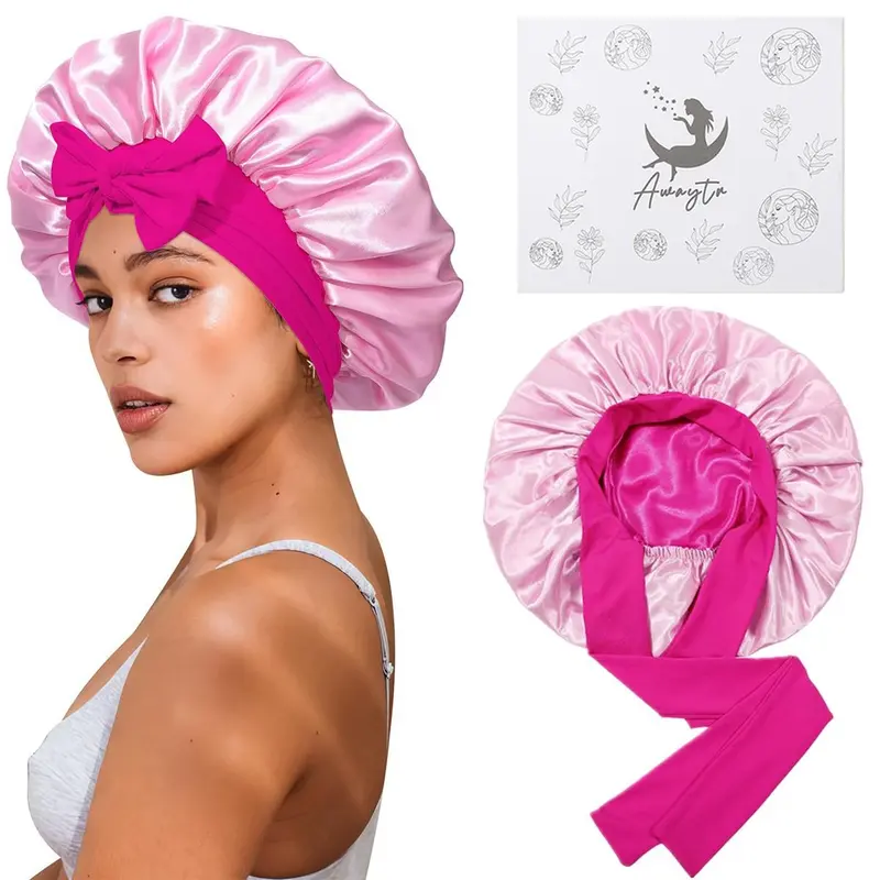 AWAYTR Women's Satin Hair Bonnet - Haircare, Heatless, Moisturizing, Breathable Sleeping Cap for Curly Wavy Hair, Elastic Band Tie, 2-Color Reversible Double Layer Silk-Like Texture, Gift Box-Included for Adults, Casual Everyday Use