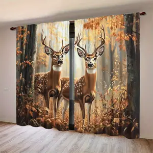 Forest Scene Deer Print Curtains Set, Half-Transparent Polyester, Rod Pocket, No Rod Included, Home Decoration Curtain, Bedroom Living Room Study Decor