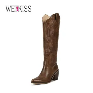 Wetkiss Women’s Knee High Western Boots, Ginkgo Leaf Embroidered Cowboy Style with Chunky Heel and Convenient Side Zip Design ,Women's Shoes,Women's Boots  #TikTokShopStockUp