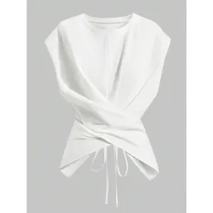 Women’s Knitted Round Neck Off-Shoulder Sleeve T-Shirt, Fashionable and Casual Asymmetric Ruffle Cross Hollow Strap Top GARMENTARY