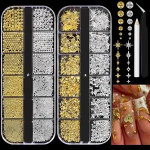 3D Star Nail Charms, Gold & Silver Multi-Shapes Metallic Nail Art Gems and Small Round Caviar Beads, Craft Jewels Nail Rhinestones Accessories Manicure Decor with Tweezers and Pick-up Pencil 4