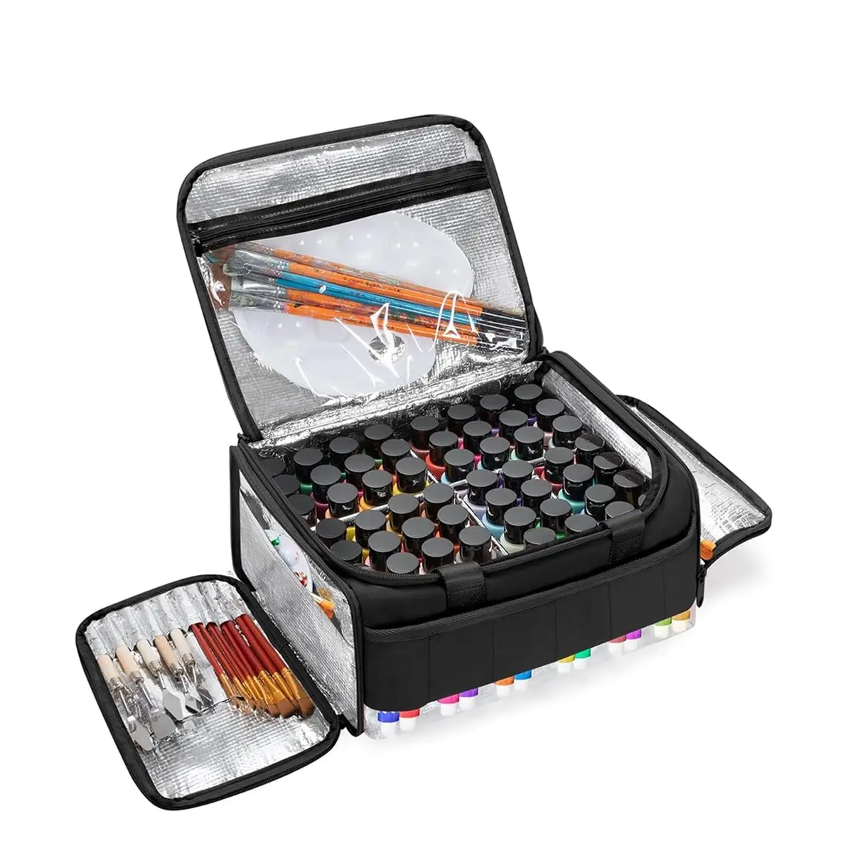 Compact Rectangular Oxford Fabric Acrylic Paint Organizer Bag (Black) - Home Storage Accessory, Holds 60 (2 Oz) Bottles, Includes Tool Storage Sections & Elastic Bands, Versatile with Crossbody-Shoulder Strap, Easy to Clean, Crossbody Strap