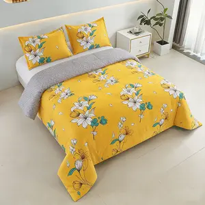 2/3pcs Yellow Floral Comforter Set,Ultra Soft Microfiber Bedding Set with White Lily Flower Print, All Seasons Reversible Bed Set with 1 Comforter and 1 or 2 Pillowcases, Twin Queen King Size