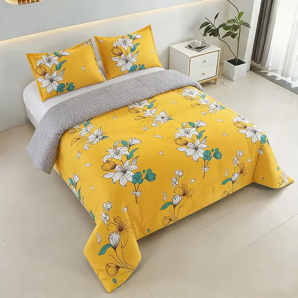 2/3pcs Yellow Floral Comforter Set,Ultra Soft Microfiber Bedding Set with White Lily Flower Print, All Seasons Reversible Bed Set with 1 Comforter and 1 or 2 Pillowcases, Twin Queen King Size