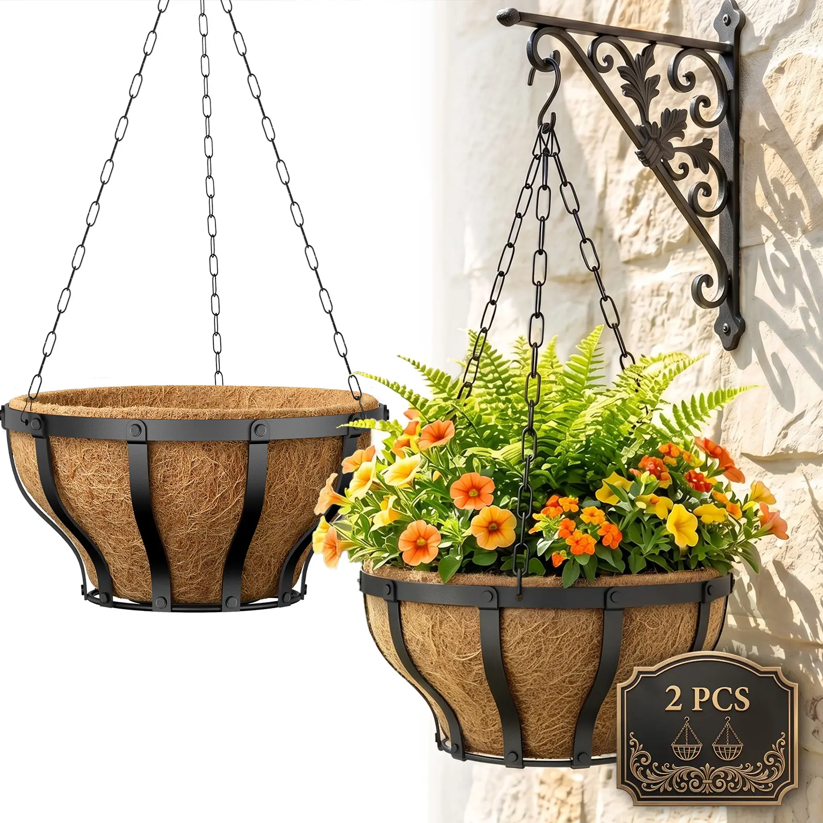 VOXOR 12" Wide Art Nouveau Metal Hanging Baskets with Natural Coco Fiber Liner, 2-3 Pack Black Outdoor Hanging Planter for Balcony, Indoor Garden (20 lbs Capacity), Garden Planters